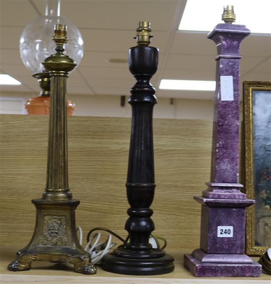 Three marble, brass and wooden lamp bases